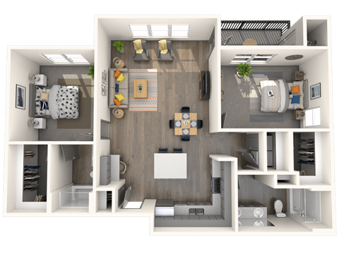 Floor plan for 2 beds, 2 baths, 1087 sqft